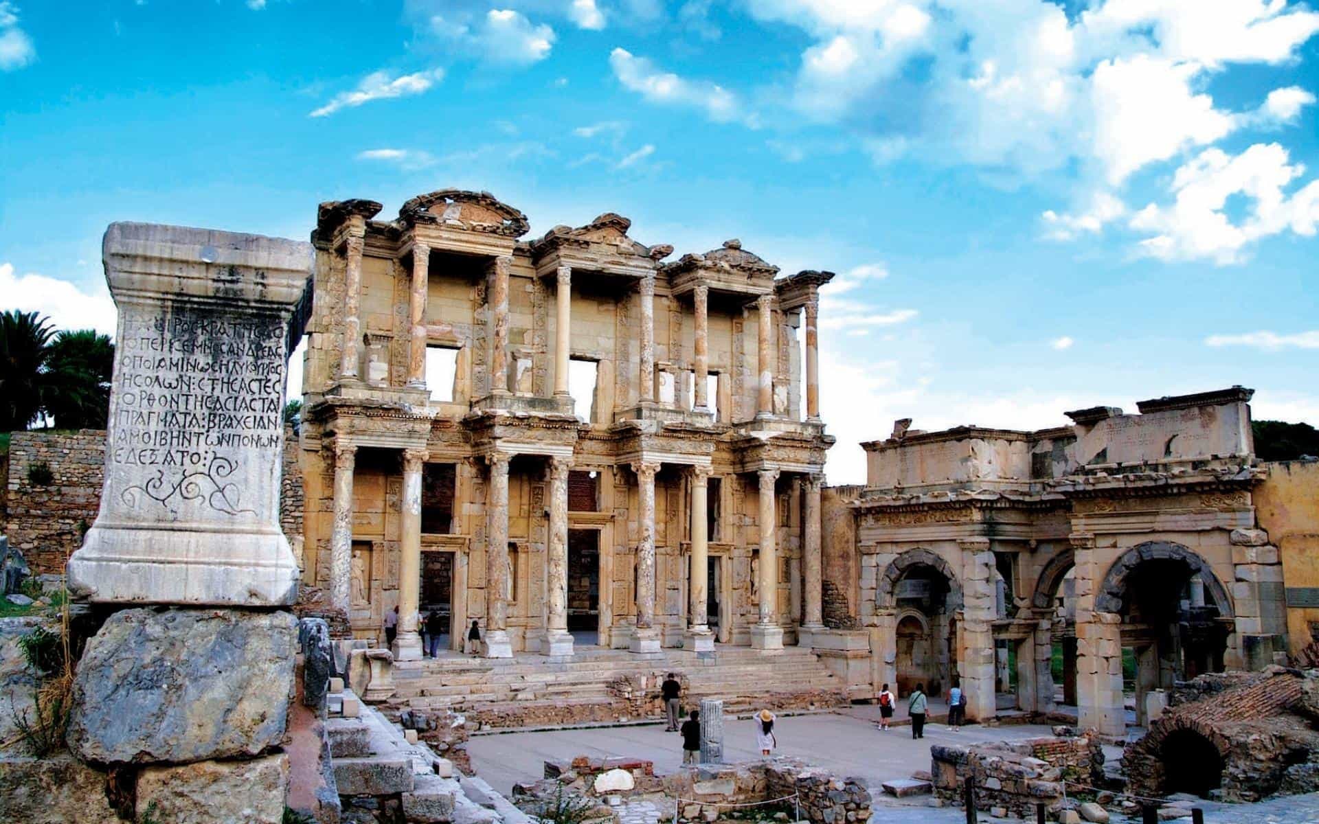 Library of Celsus standing tall under the morning sun in Ephesus — the centrepiece of the half-day group tour.