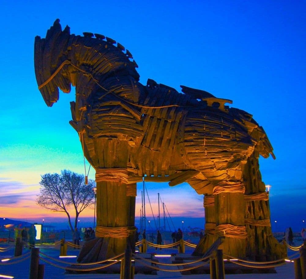 The wooden Trojan horse replica near the ancient ruins of Troy.