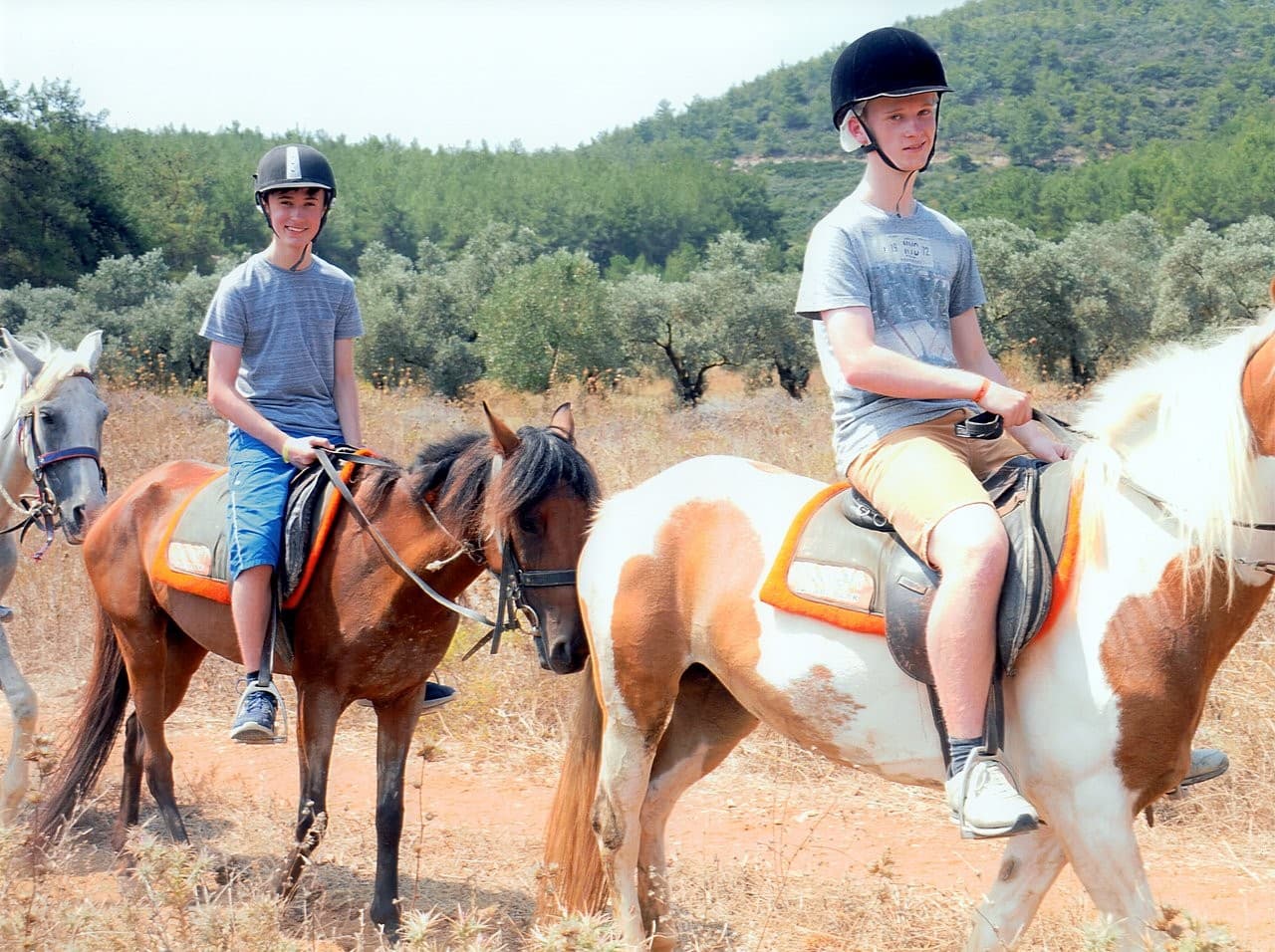 Riders on horseback following a coastal trail at sunset above the Aegean.