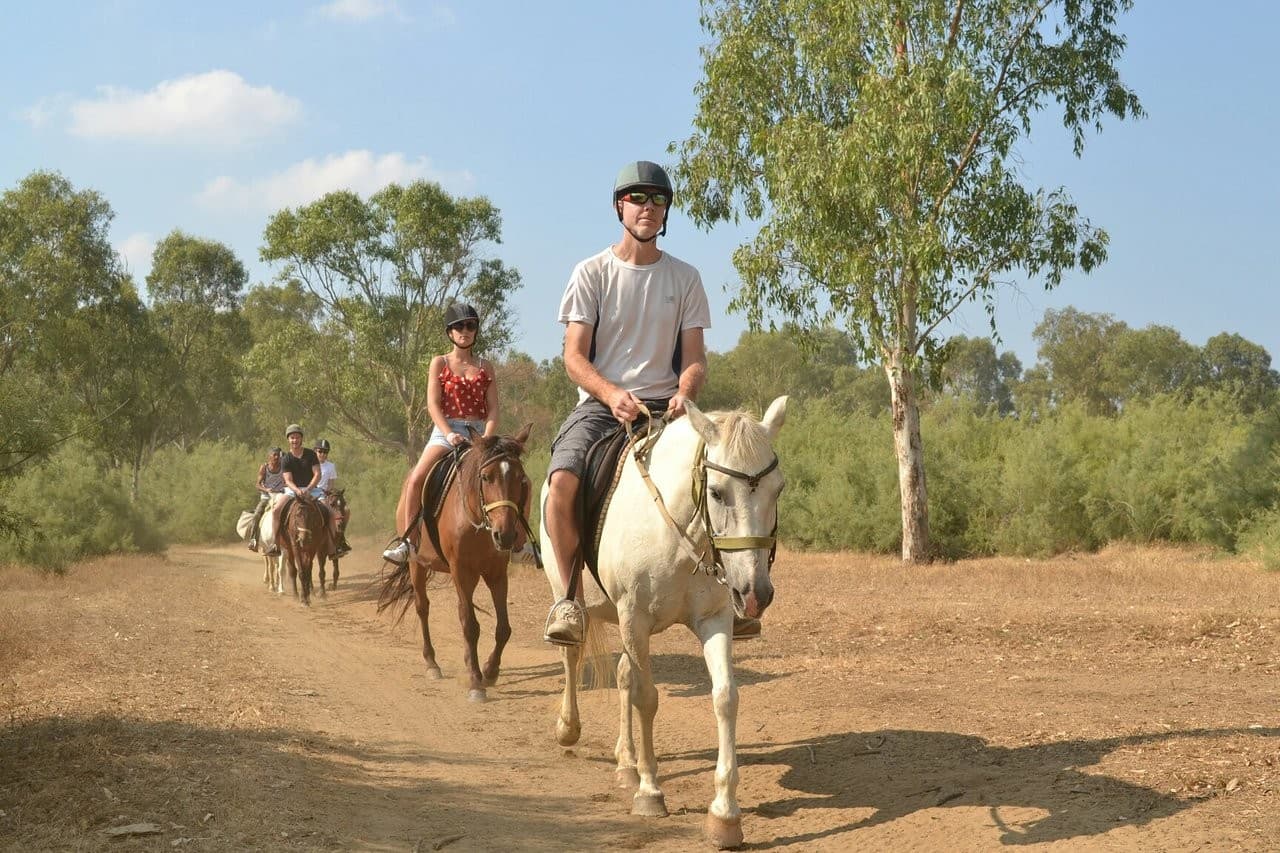 Riders on horseback following a coastal trail at sunset above the Aegean.