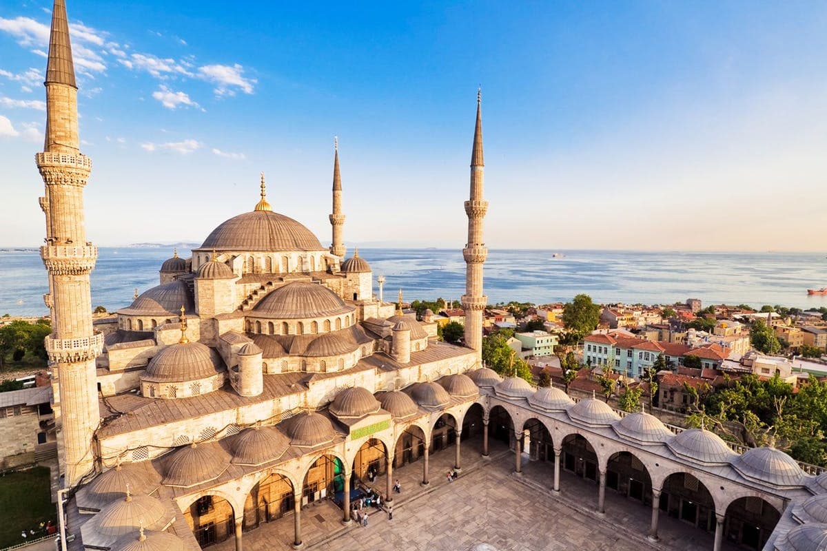 Hagia Sophia and the Blue Mosque from the Bosphorus.
