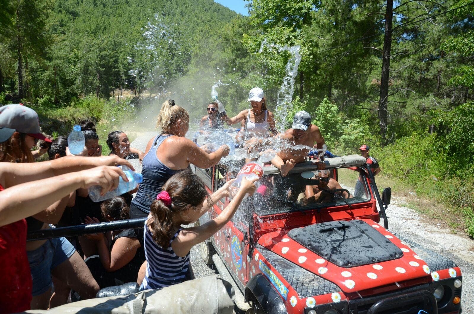 A convoy of off-road jeeps crossing a forest track inside Dilek Peninsula National Park.