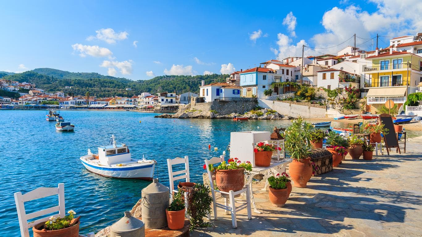 A passenger ferry approaching the harbour of Vathy on the Greek island of Samos.