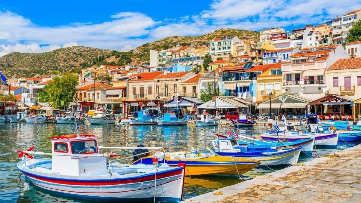 A passenger ferry approaching the harbour of Vathy on the Greek island of Samos.