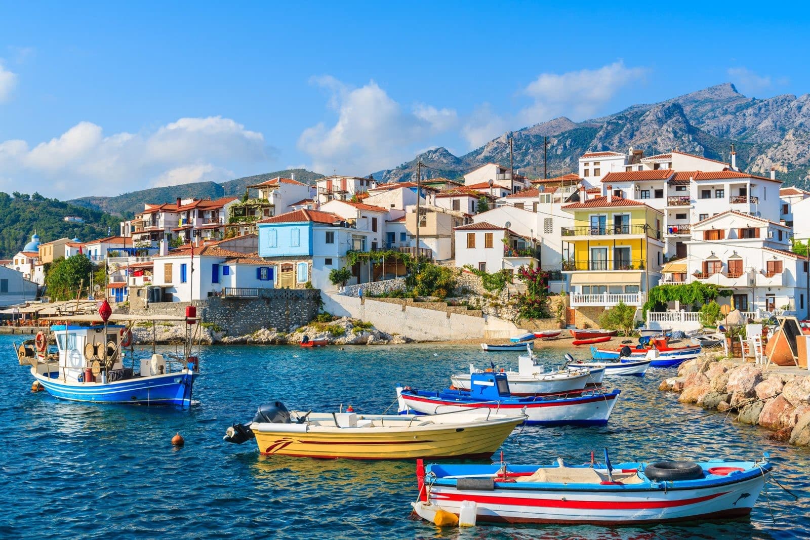 A passenger ferry approaching the harbour of Vathy on the Greek island of Samos.