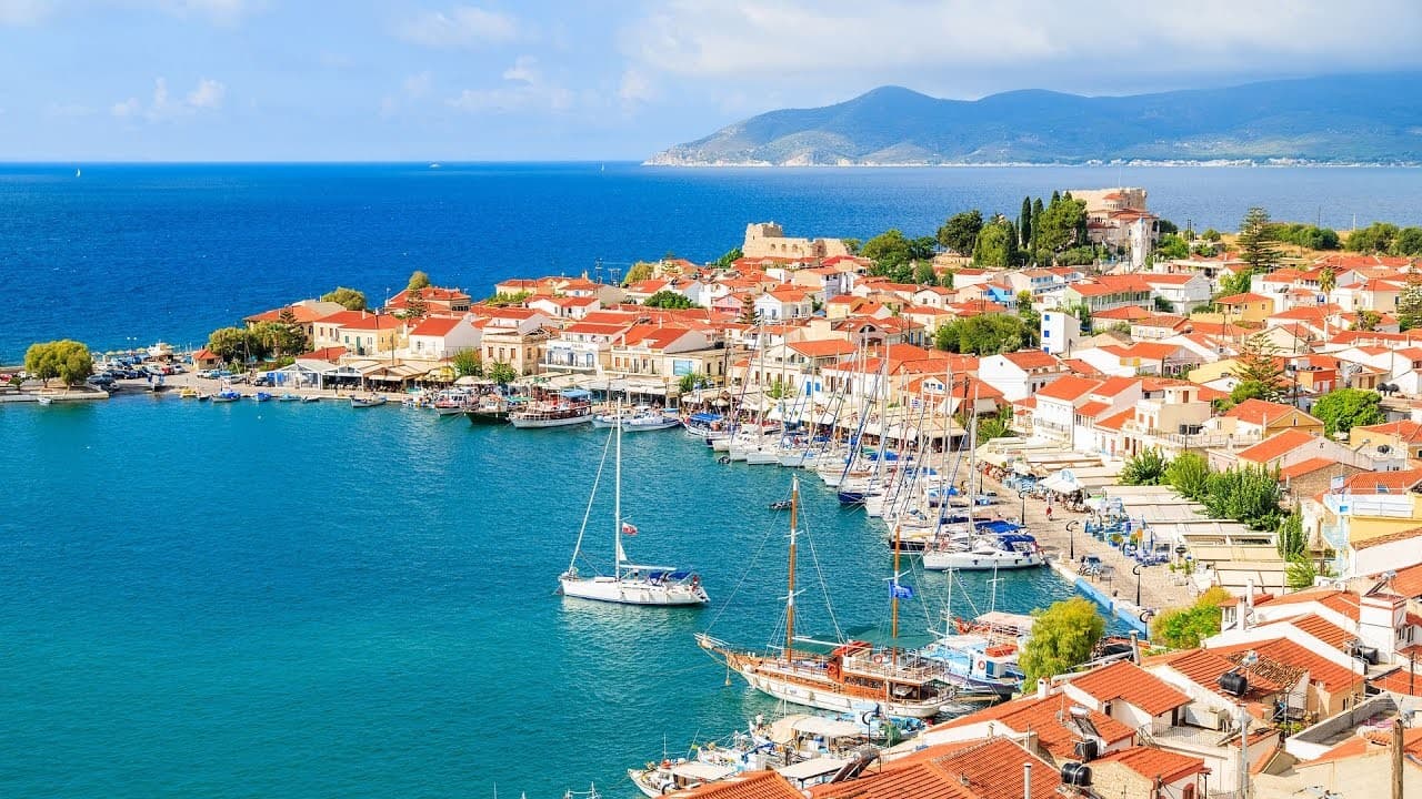 A passenger ferry approaching the harbour of Vathy on the Greek island of Samos.