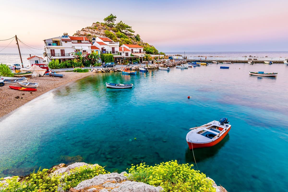 A passenger ferry approaching the harbour of Vathy on the Greek island of Samos.