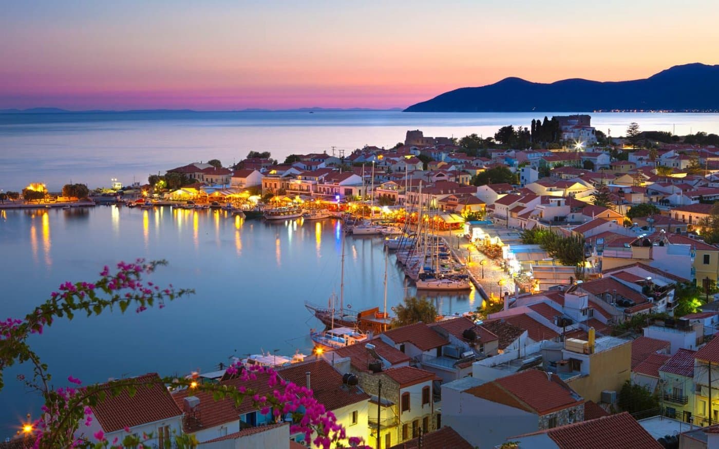 A passenger ferry approaching the harbour of Vathy on the Greek island of Samos.