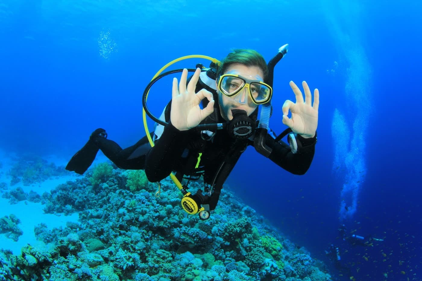 A scuba diver exploring the clear turquoise waters of an Aegean reef near Kusadasi.