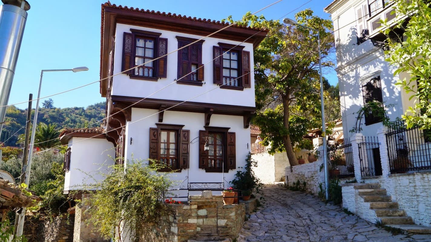 Stone houses of Sirince village with vineyards on the slopes.