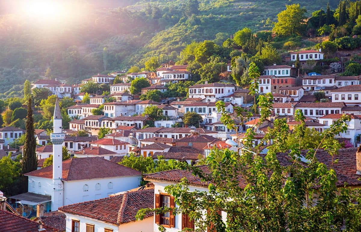 Stone houses of Sirince village with vineyards on the slopes.
